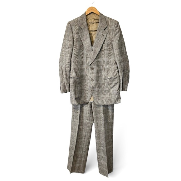 Vintage 70s 3 Piece Suit Wool Tan Plaid Blazer Vest Trousers Mens 52R Stuards